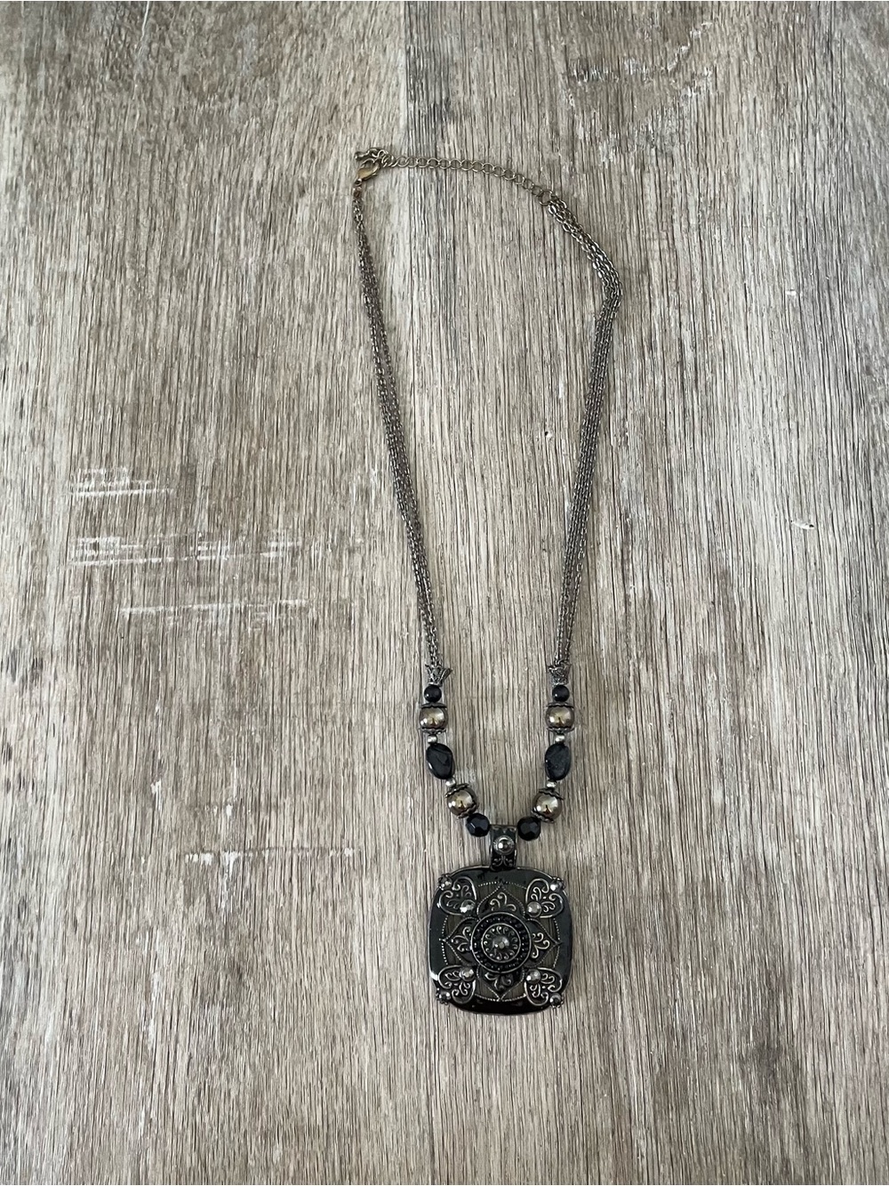 Vintage Style Black & Silver Ornate Filigree Statement Pendant Necklace